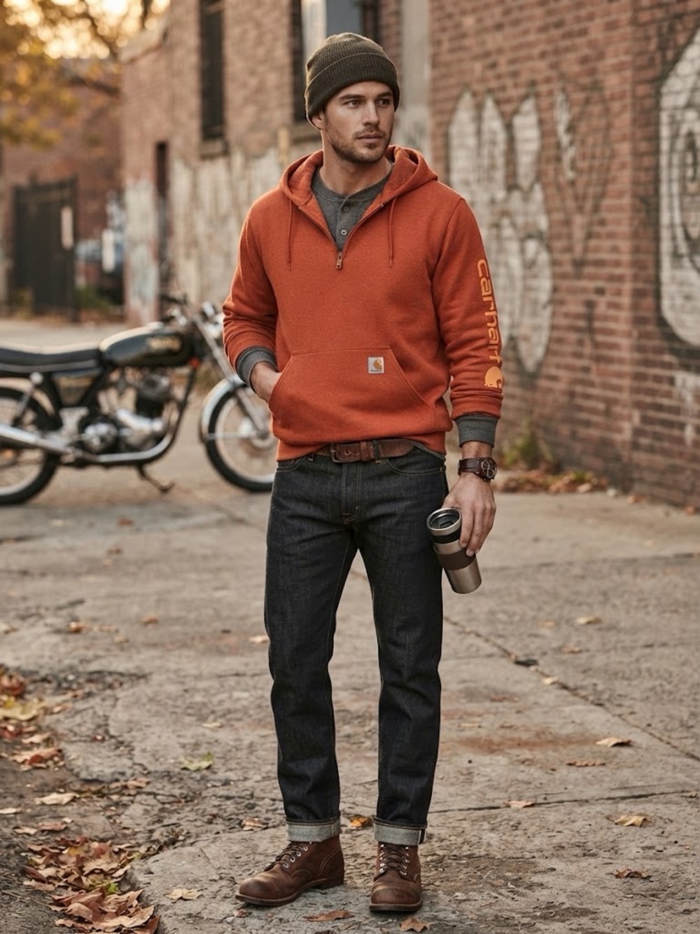 Carhartt Orange Pullover Hoodie with Sleeve Logo